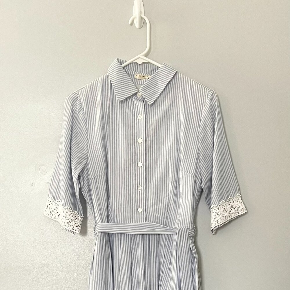 Blue & White Striped Shirt Dress With Lace Trim